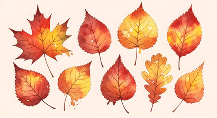 Obraz premium Autumn Watercolor Leaves Collection of Fall Foliage Illustrations