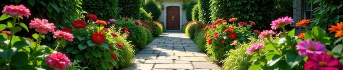 Obraz premium Sun-dappled stone path leads to inviting garden office nestled amongst vibrant blooms , office, outdoor, beautiful