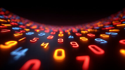 Illuminated Numeric Symphony: An abstract composition featuring a vibrant array of glowing numerals arranged to create a sense of depth and dynamism. A mesmerizing visual