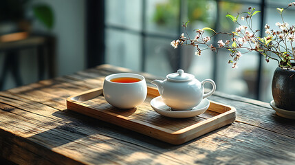 White ceramic teapot and cup on a wooden tray with soft highlights 