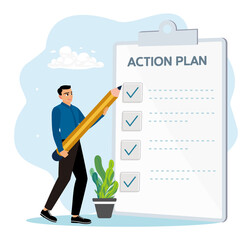 Entrepreneurs write business action plans with checklists.