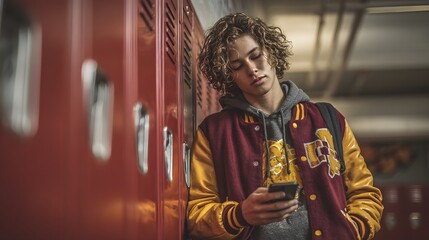 Fototapeta premium School Boy in a varsity jacket leaning against the lockers while scrolling on his phone
