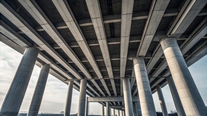 A low-angle, wide shot depicts the underside of a concrete overpass under construction, featuring massive horizontal beams supported by thick, cylindrical concrete pillars. The ground beneath is 