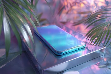 A stylized, iridescent smartphone rests on a mirrored platform, surrounded by tropical foliage, bathed in vibrant pastel lighting.