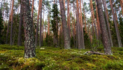 Obraz premium Tall pines stand in a dense forest, their trunks reaching towards the sky amidst a bed of moss and small flowers.