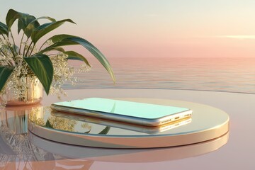 A modern smartphone rests on a polished, golden pedestal, against a backdrop of a serene, pastel sunset over the water, creating a tranquil and elegant scene.