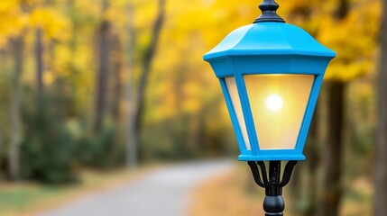 Elegant Blue Lantern Illuminates Serene Autumn Pathway in Nature