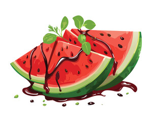  Delicious Watermelon Dessert Topped with Mint and Chocolate Syrup - Vector Illustration