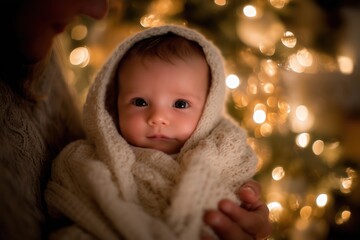Cozy Babys 1 month old Innocent Gaze Amidst Warm Festive Bokeh Lights.