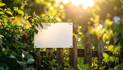 Blank sign on charming rustic fence surrounded by lush greenery and sunlight welcomes your message