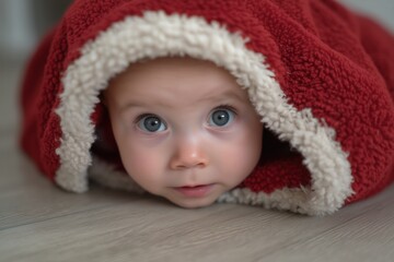 Curious Baby PeekaBoo Soft Red Blanket Captivating Gaze.
