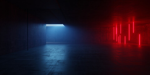 Underground Futuristic Sci Fi Laser Tunnel With Industrial Concrete Walls Glowing Tech Lights Harsh Geometry Perspective Cyberpunk Structure 3D Rendering