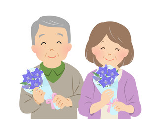笑顔で花束を持つシニア夫婦_敬老の日_ベクターイラスト
