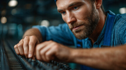 Industrial Precision: A focused worker in a factory meticulously examines machinery, showcasing the dedication and expertise required in modern industry.