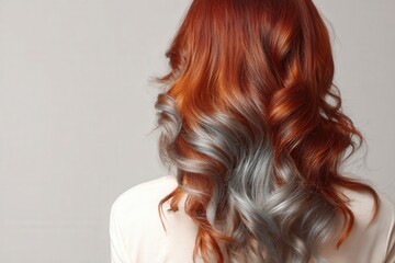 A woman's back view showcases vibrant, wavy hair with a striking ombre effect of reddish-brown and silvery-grey tones.