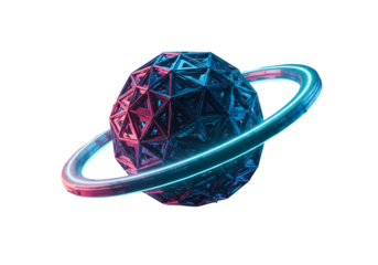 Abstract 3D Planet Illustration With Neon Blue And Red Glowing Ring And Isolated Black Background
