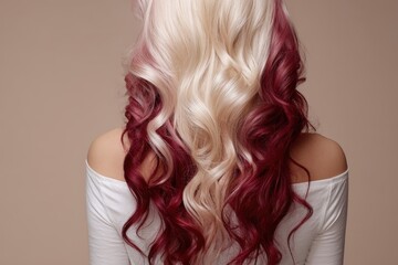 Wavy, vibrant, two-toned hair with a soft, elegant backdrop.