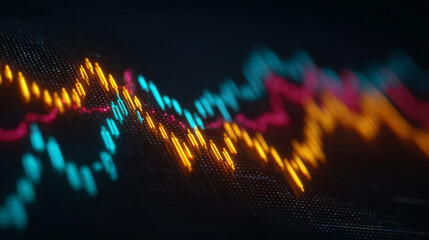 Financial Growth Illustration: A mesmerizing abstract representation of financial growth is illustrated with vibrant neon lines charting fluctuating trends, painted on a dark backdrop.