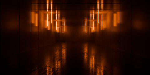 Industrial Sci Fi Architecture Tunnel Made of Concrete With Neon Laser Light Beams Glowing Across the Interior Space Futuristic Cyber Tech Hall 3D Rendering