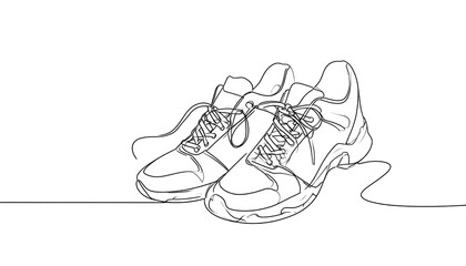 A single continuous line drawing of two athletic shoes, showcasing their design and details.