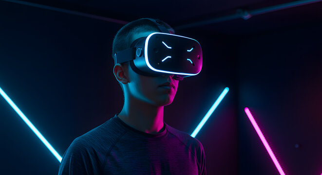 Man wearing a virtual reality headset surrounded by neon lights. - Powered by Adobe