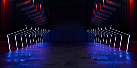 Concrete Sci Fi Tunnel With Futuristic Cyberpunk Laser Lights Glowing Through Interior Structure Industrial Tech Corridor Architecture Design 3D Rendering