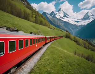 Obraz premium A red train traveling through the Swiss Alps in springtime. A train on the mountain.