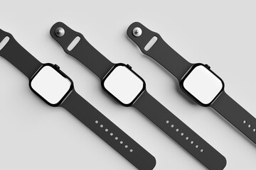Top-down View of Three Modern Smartwatches with Blank White Screens