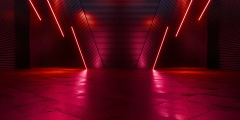 Cyberpunk Sci Fi Corridor With Futuristic Neon Laser Grid Over Concrete Interior Tunnel Space Glowing Harsh Industrial Lights Symmetrical Architecture 3D Rendering © IM_VISUALS