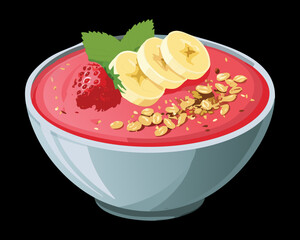 Delicious strawberry banana smoothie bowl with oat topping in a red bowl - Vector Illustration