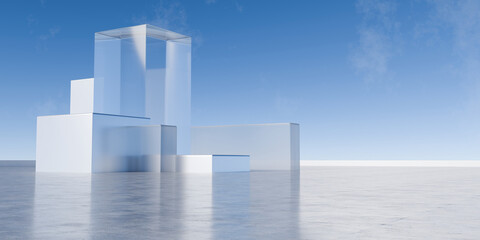 Minimal Abstract Architecture Scene With Glossy Reflective Concrete Floor And Translucent Glass Blocks Against Clear Sky Horizon Background – Futuristic Concept 3D Rendering