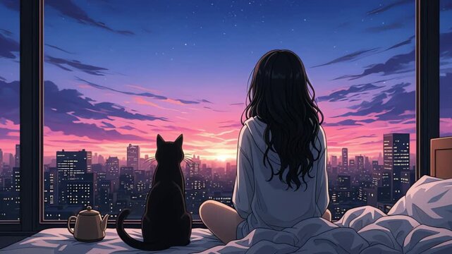 Serene anime lofi and cat illustration of a young woman and her black cat companion peacefully watching the beautiful dawn break over a vast city skyline from a cozy high-rise bedroom window