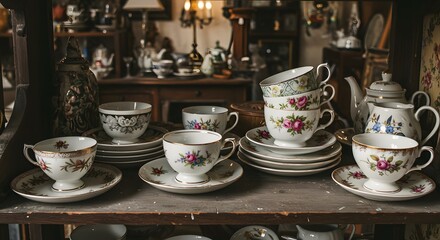 Vintage tea sets and antique porcelain in a rustic shop.







