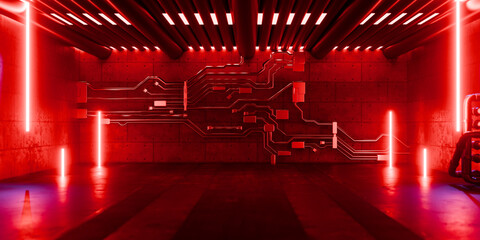 Sci Fi Futuristic Concrete Structure Tunnel With Glowing Laser Lights and Industrial Interior Hallway Neon Architecture Perspective Cyber Tech Space 3D Rendering