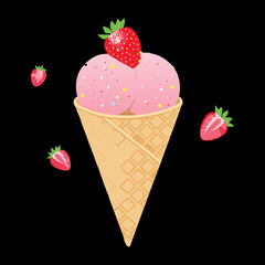 Sweet strawberry flavored soft serve in a waffle cone with playful sprinkles, a delightful frozen treat - Vector Illustration

