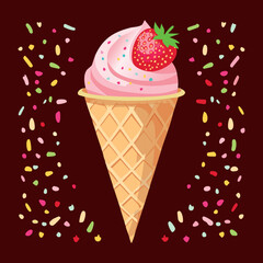Delicious strawberry flavored soft serve in a waffle cone with cheerful sprinkles, a delightful frozen dessert - Vector Illustration
