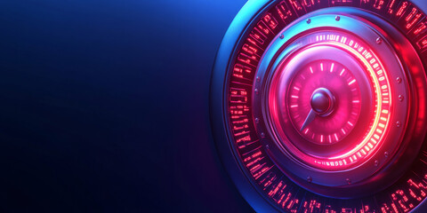 A high-tech safe dial with glowing red and blue lights against a dark background. The image is a 3D digital rendering, ideal for websites or blogs on technology, finance, data security, or secrets.

