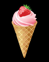 Delightful single scoop strawberry ice cream cone with a perfect pink swirl, a classic summer indulgence - Vector Illustration