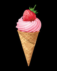 Refreshing single scoop strawberry ice cream cone with a delightful swirl, perfect for a summer treat - Vector Illustration