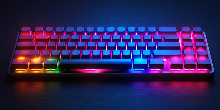 A gaming neon keyboard with vibrant, multi-colored RGB backlighting glowing in a dark setting. The image is a 3D digital rendering, ideal for websites or blogs about gaming, technology