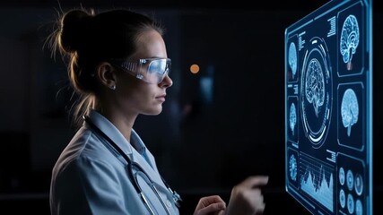 A woman in a lab coat studies intricate blue diagrams on a digital screen She appears focused illuminated in a dark environment reflecting technology development - Powered by Adobe