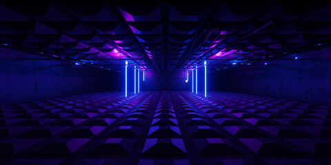 Tech Industrial Laser Tunnel With Sci Fi Glowing Neon Strips Inside Rough Concrete Structure Corridor Perspective Futuristic Space Underground Scene 3D Rendering