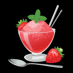  A delicious bowl of strawberry granita with a metal spoon, a perfect and refreshing summer treat - Vector Illustration