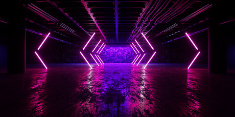 Futuristic Showroom With Neon Laser Light Beams Crossing Rough Concrete Interior Structure Corridor Perspective Sci Fi Technology Hallway Vibe 3D Rendering