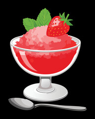 A delicious strawberry granita, a frozen dessert, served in a stylish glass bowl with a spoon - Vector Illustration