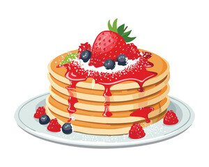  Stack of fluffy golden pancakes topped with fresh strawberries, blueberries, and a dusting of powdered sugar - Vector Illustration
