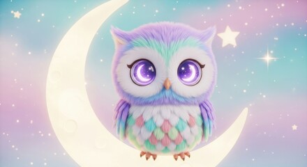 Obraz premium A cute owl with pastel colors, perched on a crescent moon with sparkling stars, against a dreamy, soft sky backdrop