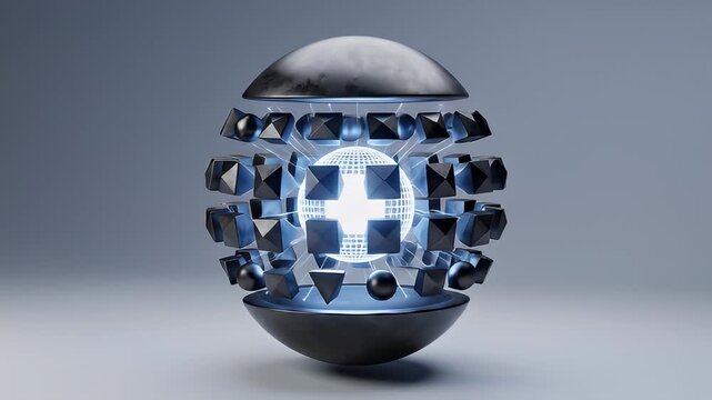 A futuristic sphere or power core artifact with a glowing blue center and complex mechanical parts.