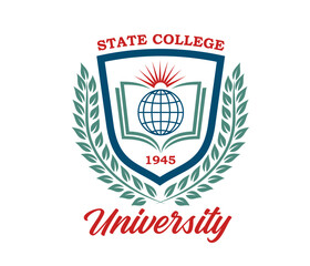 University college icon. Vector emblem with globe, book and laurel wreath in shield frame. Educational badge with sunburst, green leaves, blue lines. Academic label for global knowledge and learning