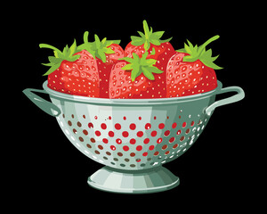 A Metal Colander Overflowing with a Pile of Fresh Red Strawberries, a Symbol of Abundance and Freshness - Vector Illustration